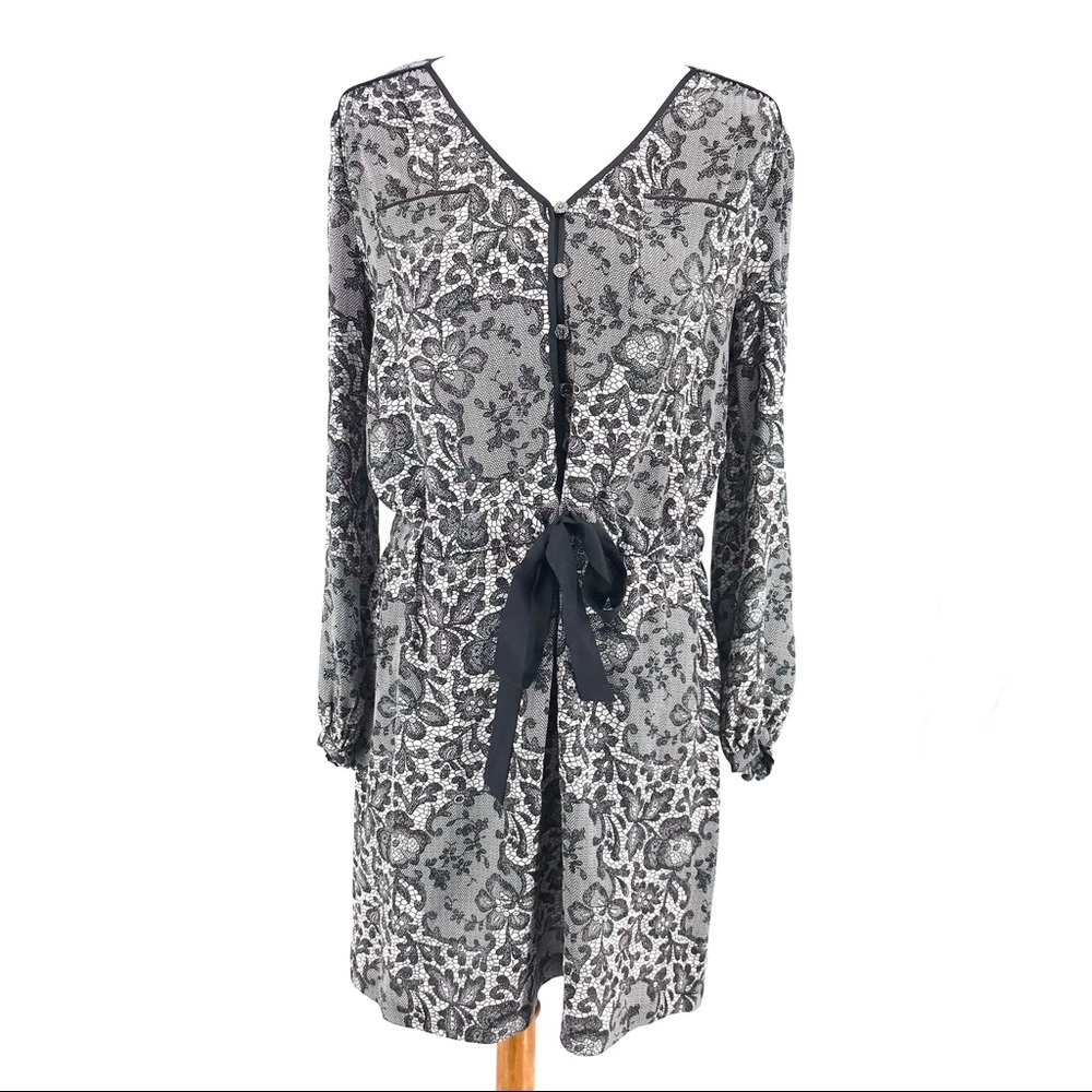 Rebecca Taylor Gray Black Silk Lace Print 100% Silk Long Sleeve Dress - Picture 2 of 10